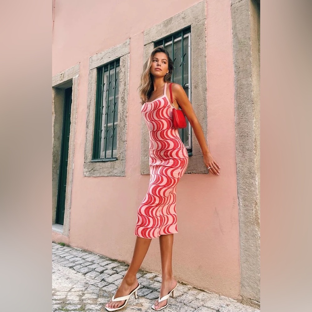 sunset cocktail halter knit midi dress
